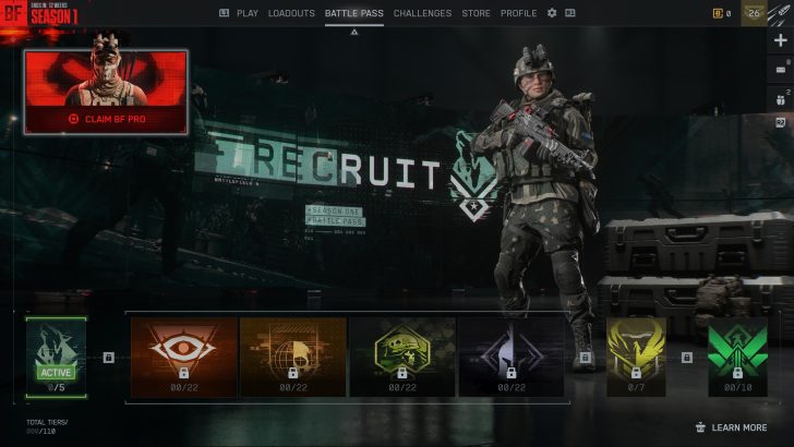 “Battlefield 2042” battle pass screen with option to “CLAIM BF PRO” and recruit soldier graphics.