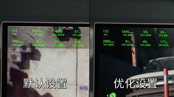 Two benchmark screens showing FPS, CPU, and GPU stats, labeled “默认设置” and “优化设置” in green text.