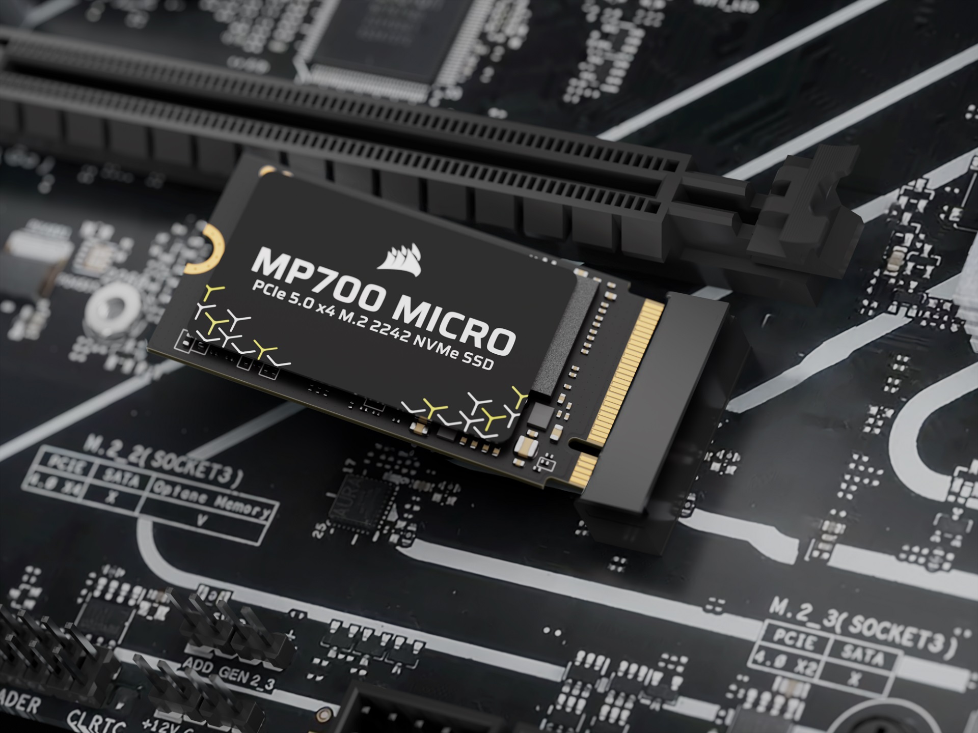 Corsair MP700 Micro PCIe 5.0 NVMe SSD on a motherboard.