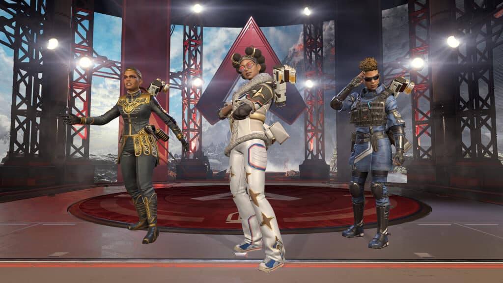 Apex Legends Wildcard mode featuring three Bangalore characters in victor's end-screen