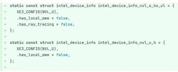 Code snippet showing intel_device_info with parameters like has_local_mem and has_ray_tracing set to false.