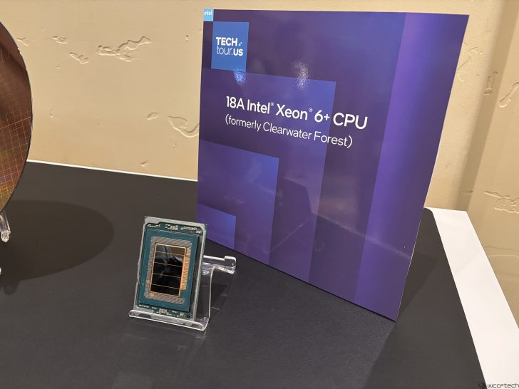 18A Intel Xeon 6+ CPU displayed on a stand with a sign reading (formerly Clearwater Forest).