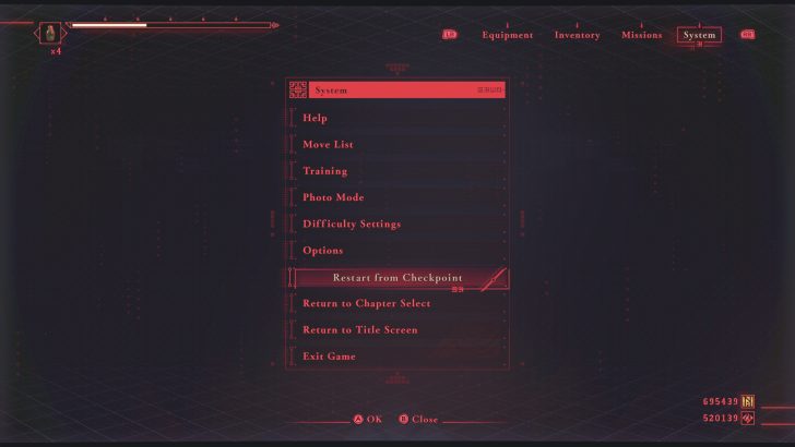 Game menu with options like Restart from Checkpoint highlighted and icons for System and controls instructions on screen.
