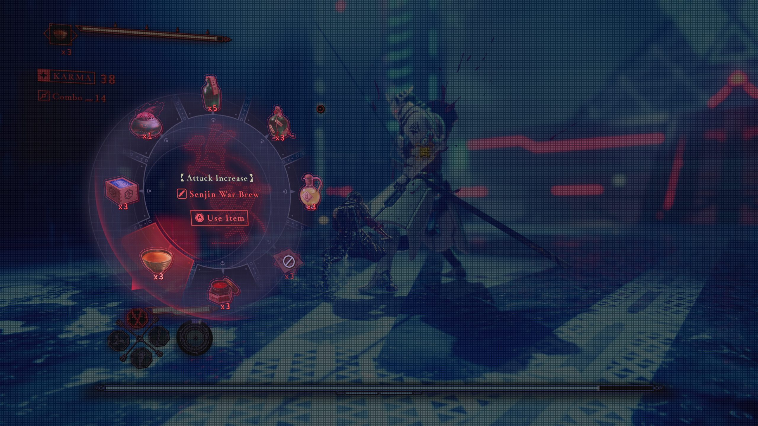 Video game screen showing Senjin War Brew with Attack Increase, and Use Item options selected in the inventory menu.