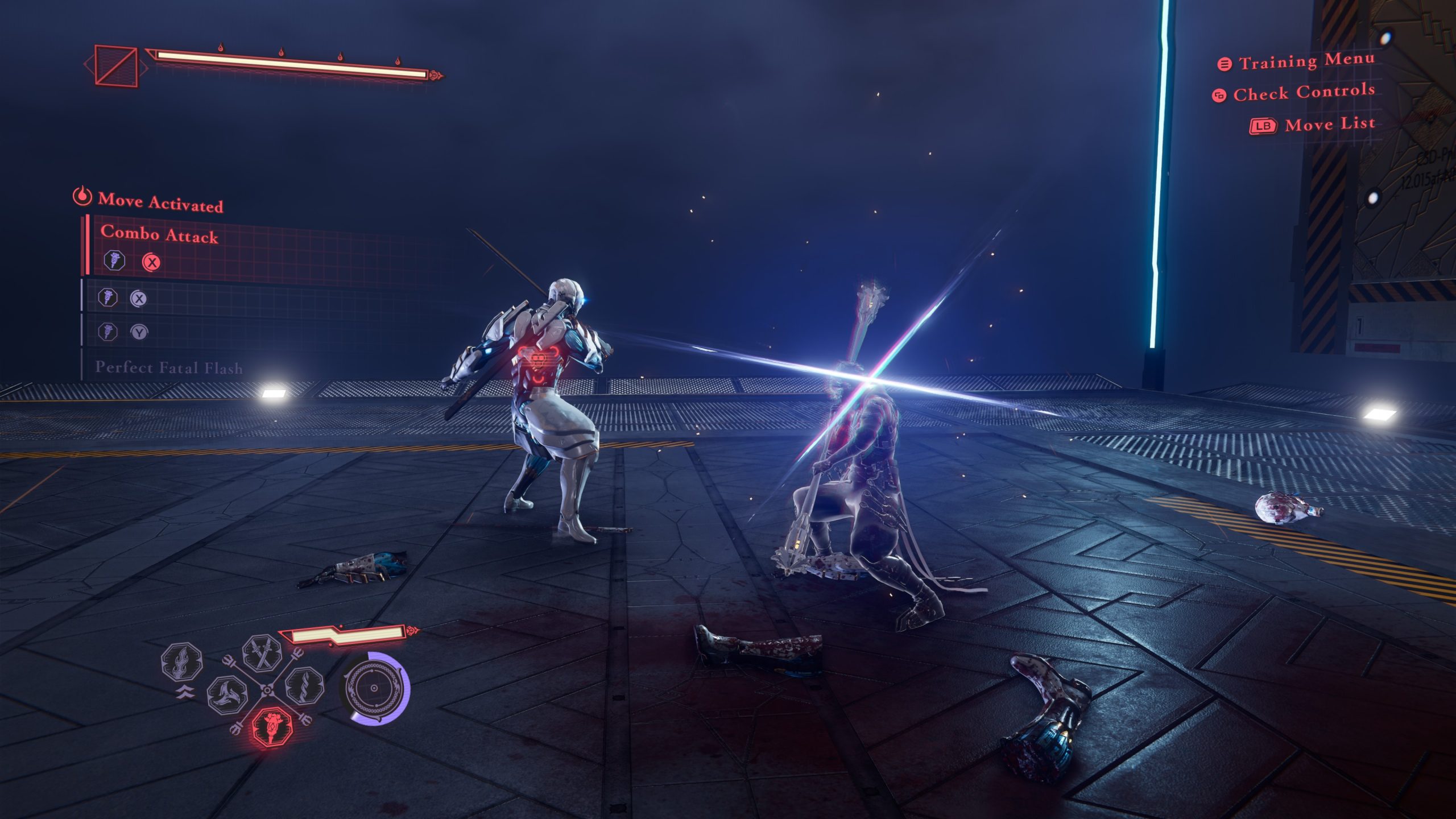 Robotic character battles an enemy with Combo Attack and Move Activated on-screen text in a futuristic setting.