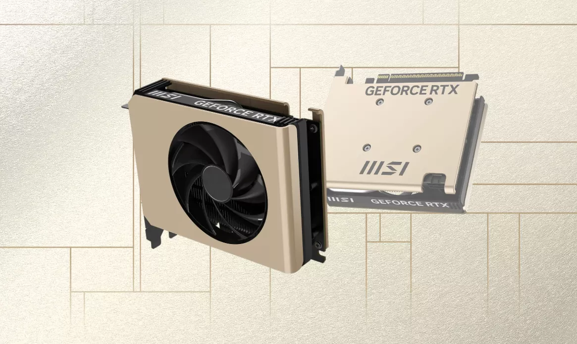 MSI GeForce RTX graphics card with a tan finish displayed against a textured background.