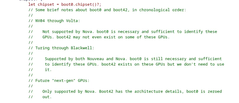 Code snippet discussing boot0 and boot42 for GPU identification.