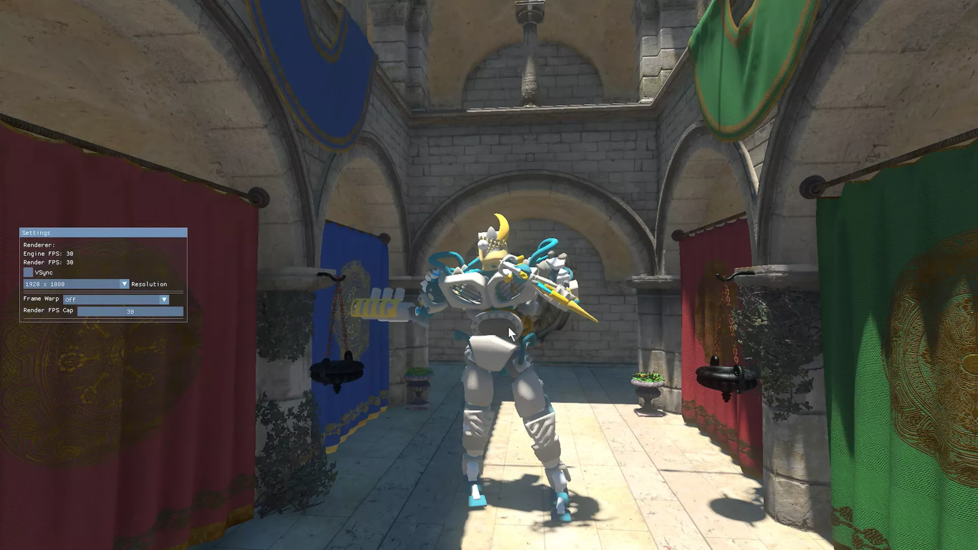 Robot in ornate courtyard with 1920 x 1080 settings window visible.