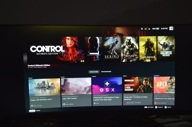 Control Ultimate Edition displayed on a screen with game options like Sekiro and Hitman.