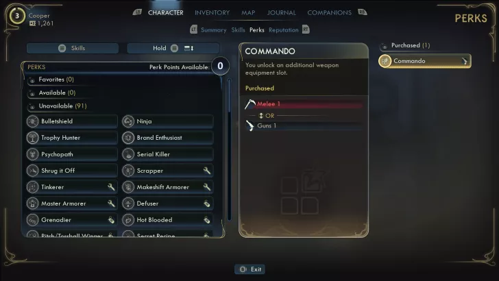 Character perks menu showing Commando unlocked with Melee 1 or Guns 1 options visible.