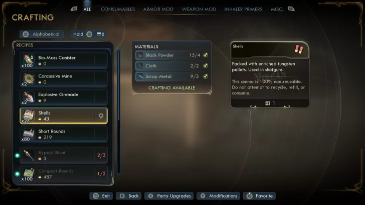 Crafting menu showing Shells highlighted with details: Packed with enriched tungsten pellets; materials include Black Powder, Cloth, Scrap Metal.
