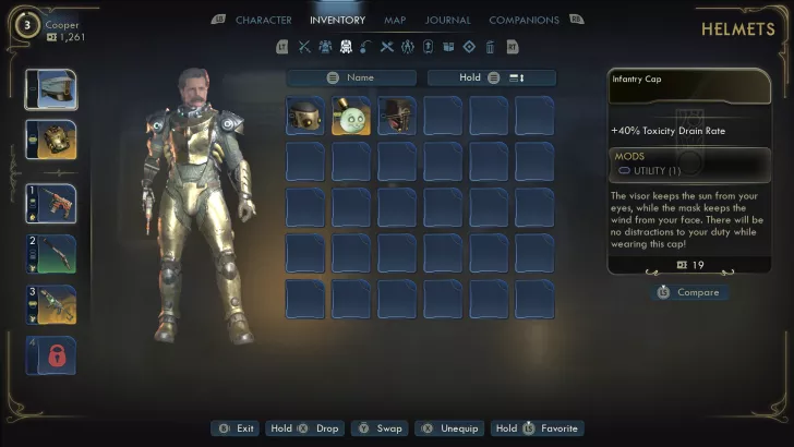 Character inventory screen showing Infantry Cap with +40% Toxicity Drain Rate modifier and helmet description.