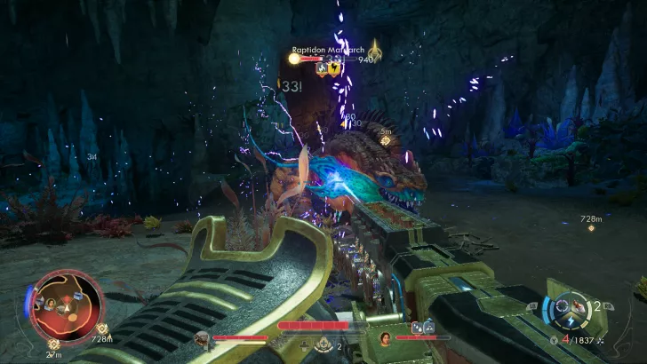 Raptidon Monarch being attacked in a cave setting, with a map display showing 728m.