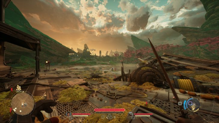 First-person perspective in a sci-fi game landscape showing on-screen text 167m with a minimap and status indicators.