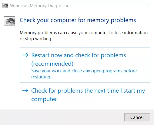 Windows Memory Diagnostic window with options to Restart now and check for problems and Check for problems the next time I start my computer.