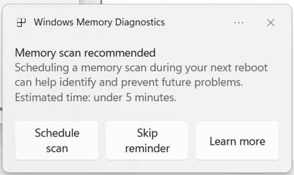 Windows Memory Diagnostics prompt reading “Memory scan recommended.”
