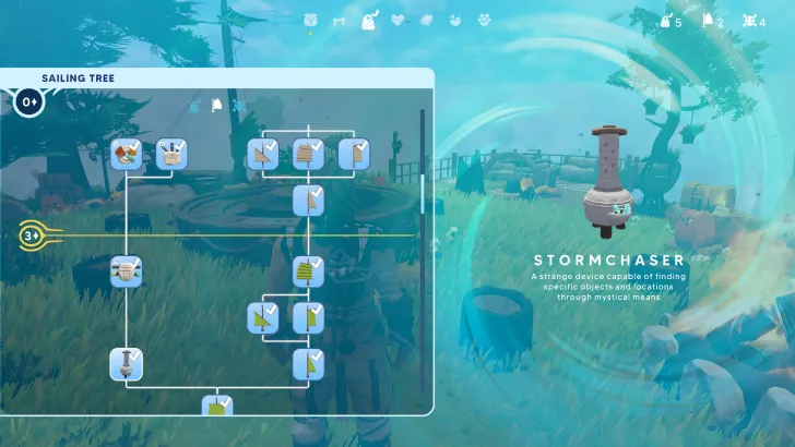 Game screen showing SAILING TREE and STORMCHASER with a crafting menu in a grassy setting.