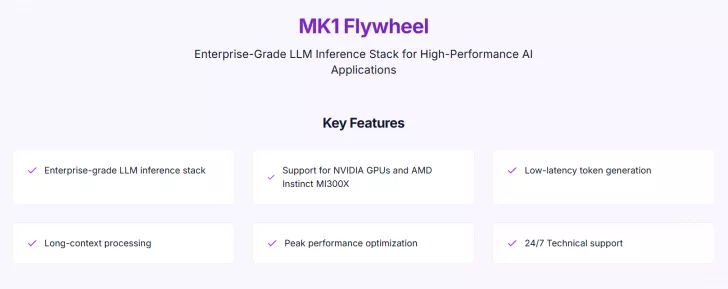 The image displays a product description titled 'MK1 Flywheel,' highlighting features such as 'Enterprise-grade LLM inference stack,' 'Support for NVIDIA GPUs and AMD Instinct MI300X,' and 'Low-latency token generation.'