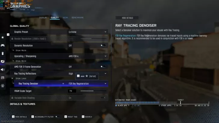 The graphics settings menu in a game displays 'Ray Tracing Denoiser' with options set to 'FSR Ray Regeneration,' graphic preset 'Extreme,' and render resolution '2560 x 1440.'