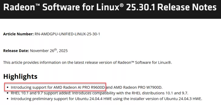 The release notes for 'Radeon Software for Linux 25.30.1' highlight support for the AMD Radeon AI PRO R9600D and AMD Radeon PRO W7900D.