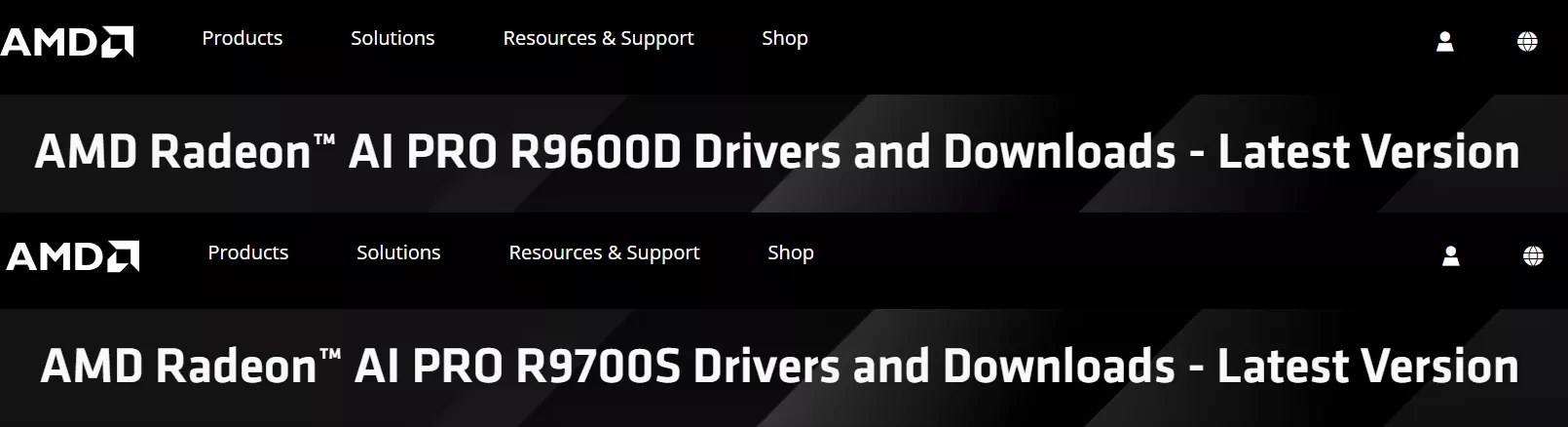 Two banners display 'AMD Radeon AI PRO R9600D Drivers and Downloads - Latest Version' and 'AMD Radeon AI PRO R9700S Drivers and Downloads - Latest Version' with AMD logos.