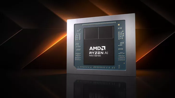 An AMD Ryzen AI MAX Series chip with visible branding is displayed in front of a geometric, glowing background.