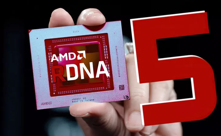 AMD RDNA chip held next to a large red number 5.