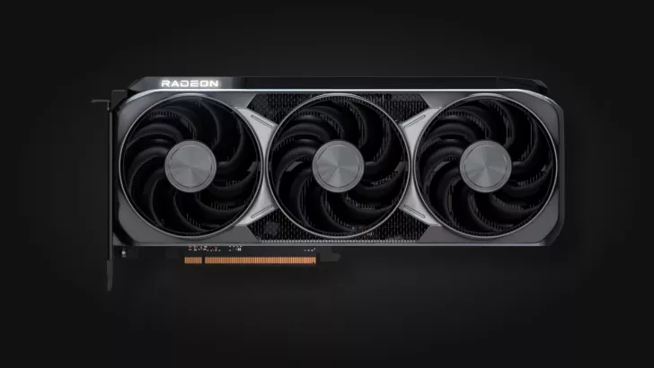 Radeon graphics card with three large fans on a black background.