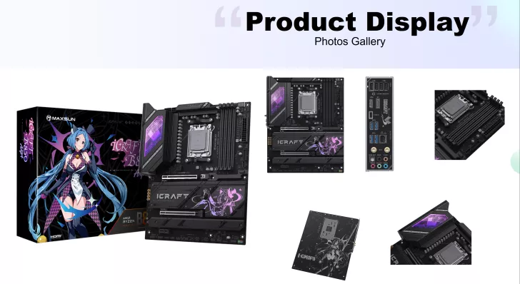 The Maxsun iCraft B850 motherboard is displayed alongside its box featuring anime artwork and highlights its back panel connections and processor socket.