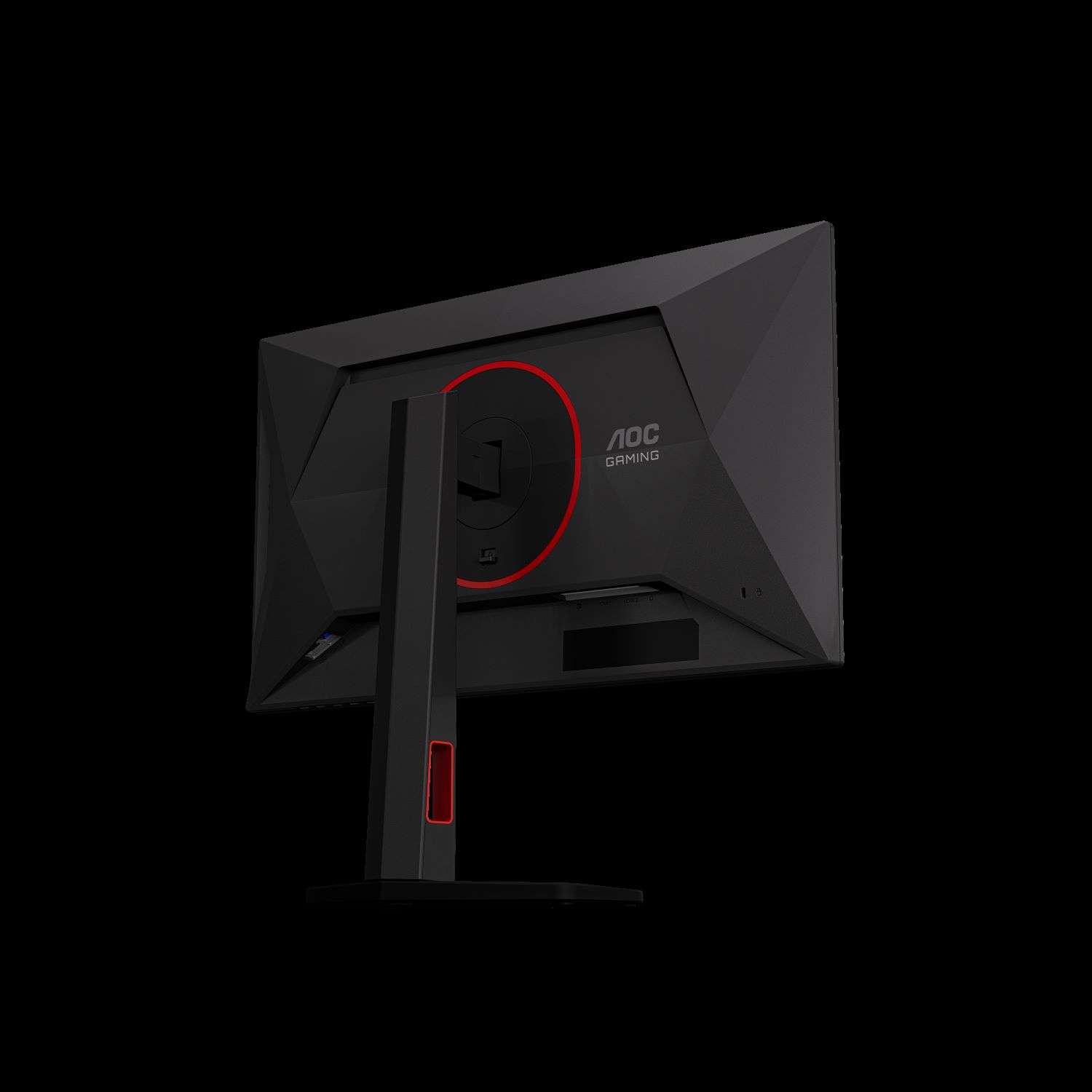 The rear view of a black AOC Gaming monitor with red accents and angular design on the back panel.