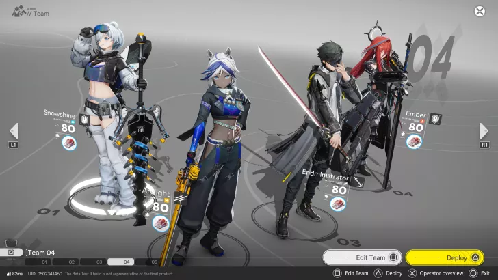 A selection screen from a game showing characters Snowshine, Arclight, Endministrator, and Ember, each at 'Lv. 80' part of 'Team 04' ready for deployment.