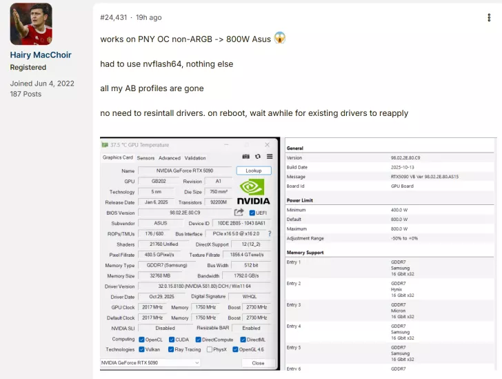 A GPU monitoring software displays detailed specifications of an NVIDIA GeForce RTX 5090 with a maximum power limit of 800W, dated January 6, 2025, featuring the GB202 GPU, 5 nm technology, and GDDR7 memory.