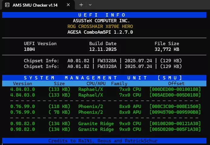 The screen displays 'AM5 SMU Checker v1.14' showing UEFI info for ASUSTeK COMPUTER INC. ROG CROSSHAIR X670E HERO with a UEFI version of 1804 and build date of 12.11.2025, detailing various CPU/APU entries including Raphael/X, Phoenix/2,