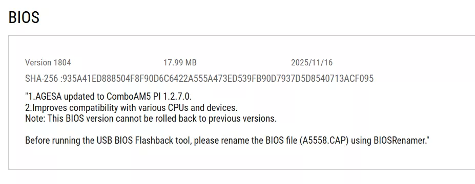 A BIOS update screen shows version 1804 with AGESA updated to ComboAM5 PI 1.2.7.0, highlighting improved CPU compatibility and an irreversible update, requiring the file to be renamed to A5558.CAP using BIOSRenamer.