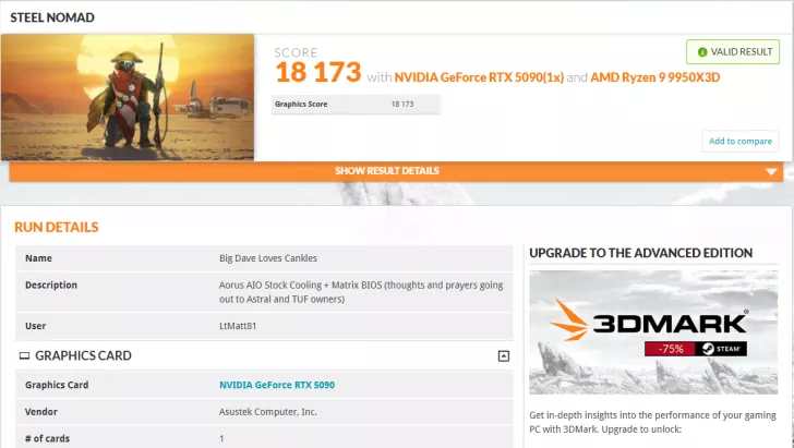A 3DMark benchmark result titled 'Steel Nomad' shows the NVIDIA GeForce RTX 5090(1x) paired with an AMD Ryzen 9 9950X3D achieving a graphics score of 18,173.