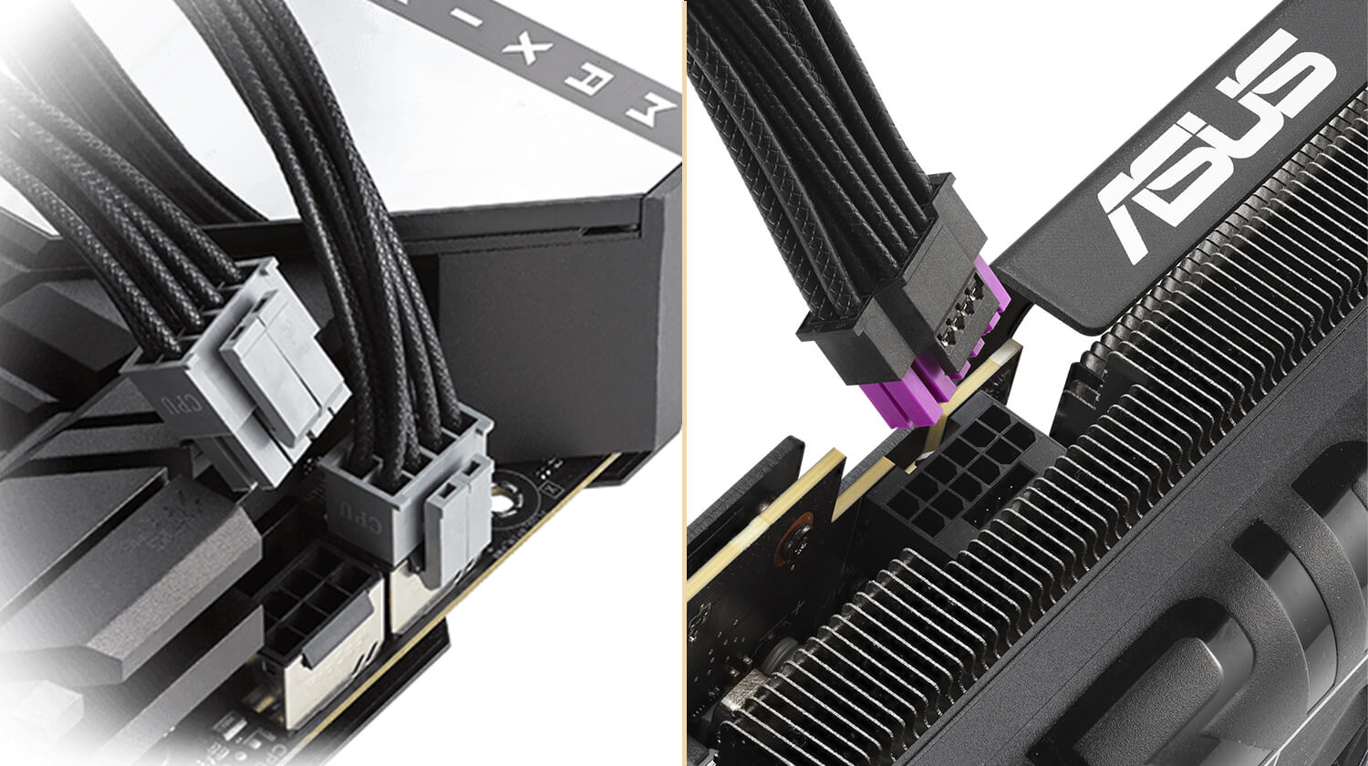 ASUS graphics card with visible logo and power cables connected labeled CPU.