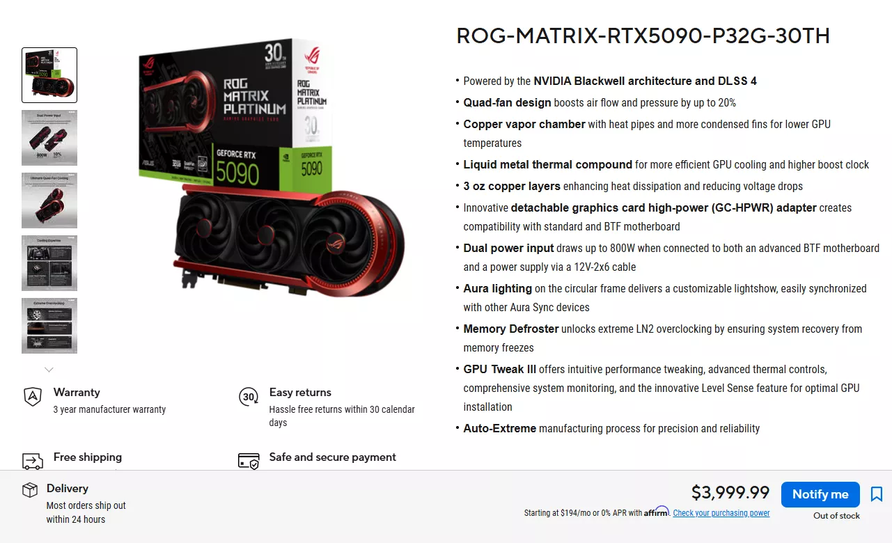 An ASUS ROG Matrix GeForce RTX 5090 graphics card is displayed alongside its packaging, highlighting features like 'NVIDIA Blackwell architecture and DLSS 4' and a quad-fan design, with a price of $3,999.99 listed as out of stock.