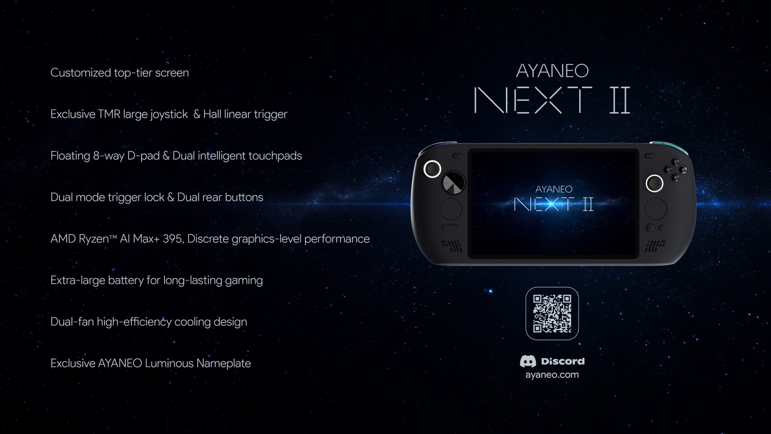 AYANEO NEXT II handheld console with AMD Ryzen AI Max+ 395 and floating 8-way D-pad, showcased against a starry background.