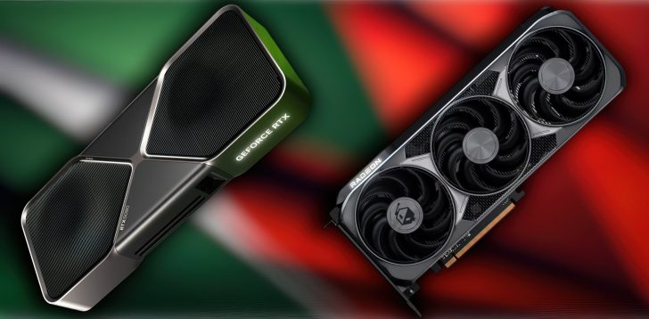 A side-by-side comparison of the NVIDIA GeForce RTX 5090 and an AMD Radeon graphics card against a colorful background.