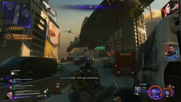 A scene from the game featuring a character navigating a broken freeway with the on-screen text 'Press Forward' and a directive to 'Traverse the twisted freeway,' while a dialogue from Samuels states, Hmph. That was something...