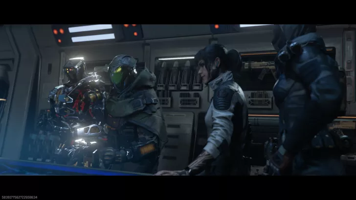 Characters in futuristic suits and armor discuss a strategy in a sci-fi setting.
