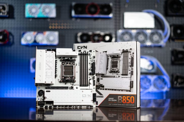 Colorful CVN B850M Frozen motherboard displayed next to its packaging featuring the 'AMD Ryzen B850' branding.