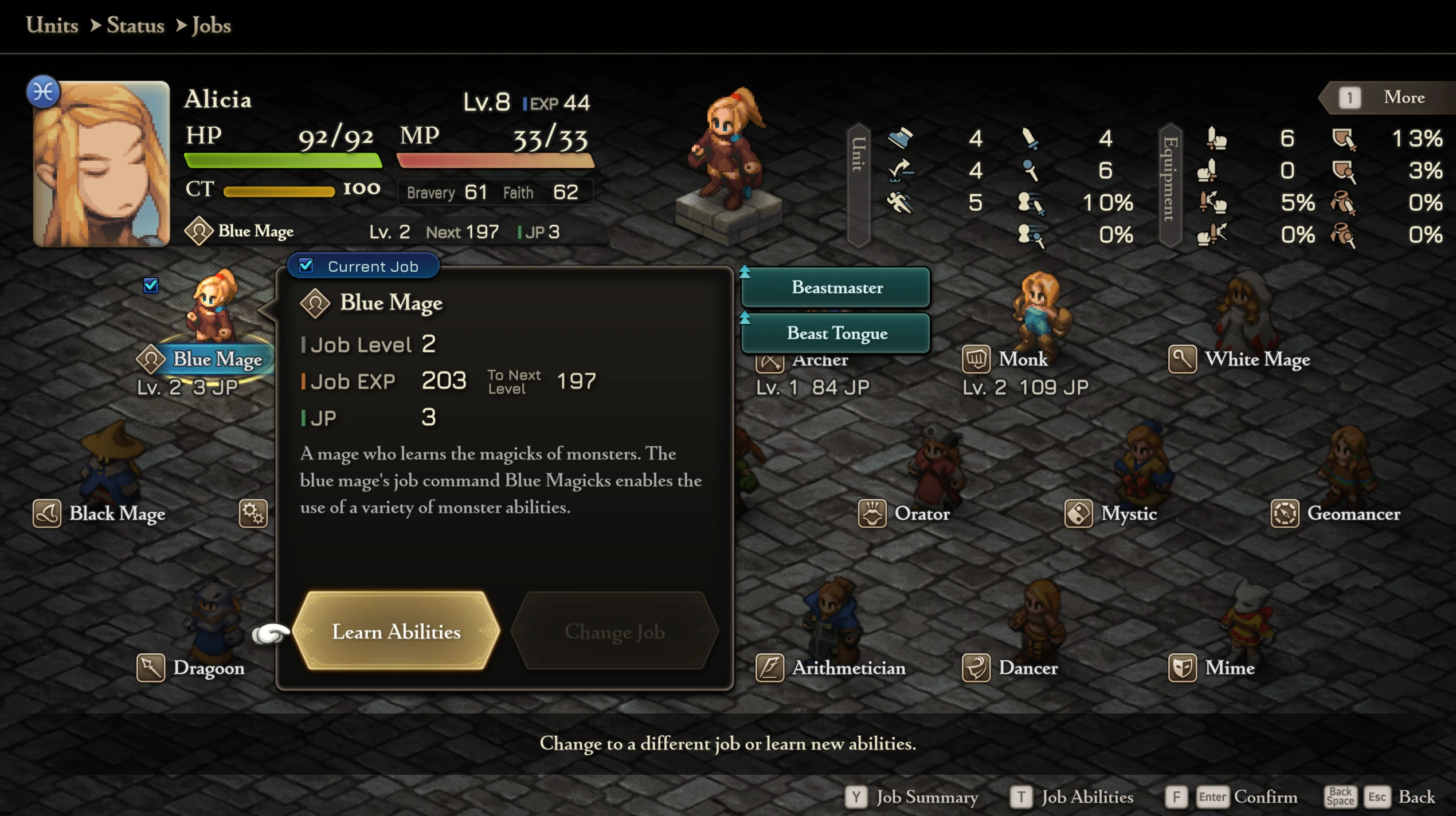 An in-game screen from Tactics Ogre shows a character named Alicia at level 8 with the job 'Blue Mage,' featuring job statistics and options to 'Learn Abilities' or 'Change Job.'