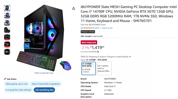 The iBUYPOWER Slate MESH Gaming PC with Intel Core i7 14700F and NVIDIA GeForce RTX 5070, featuring 32GB DDR5 RGB RAM and a 1TB NVMe SSD, is displayed alongside a keyboard and mouse.