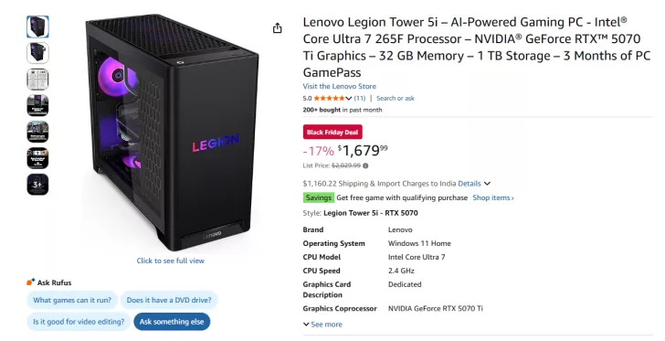 The Lenovo Legion Tower 5i gaming PC features an Intel Core Ultra 7 265F processor with NVIDIA GeForce RTX 5070 Ti graphics, showcased next to purchase details listing the price as $1,679.99 after a 17% discount.