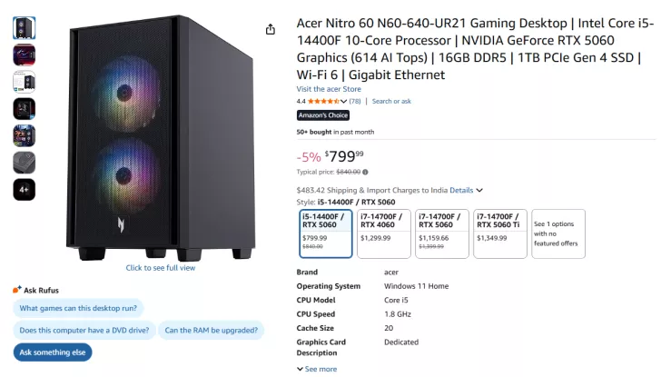 Acer Nitro 60 N60-640-UR21 Gaming Desktop with Intel Core i5-14400F processor, NVIDIA GeForce RTX 5060 graphics, and 16GB DDR5 RAM is listed at '$799.99' on Amazon.