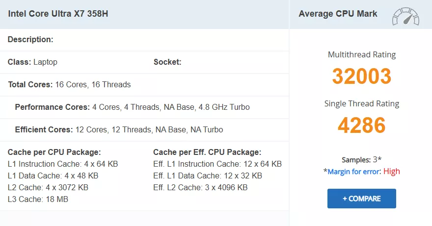 A benchmark summary for the Intel Core Ultra X7 358H shows a multithread rating of 32003 and a single thread rating of 4286.