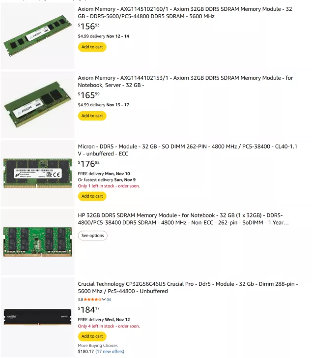 Axiom Memory 32GB DDR5 SDRAM $156.93 Add to cart button.