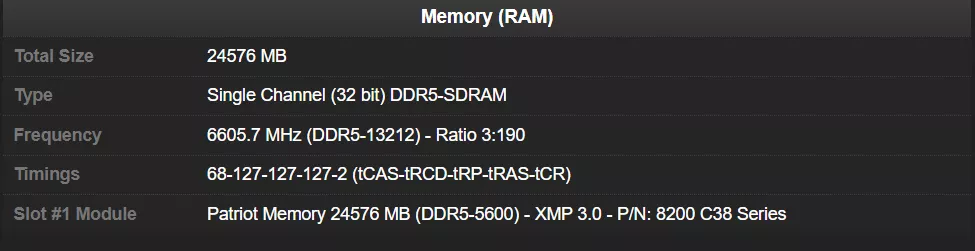 The image shows a memory RAM specification with a total size of 24576 MB, type as Single Channel DDR5-SDRAM, frequency at 6605.7 MHz, and a Patriot Memory module with XMP 3.0.