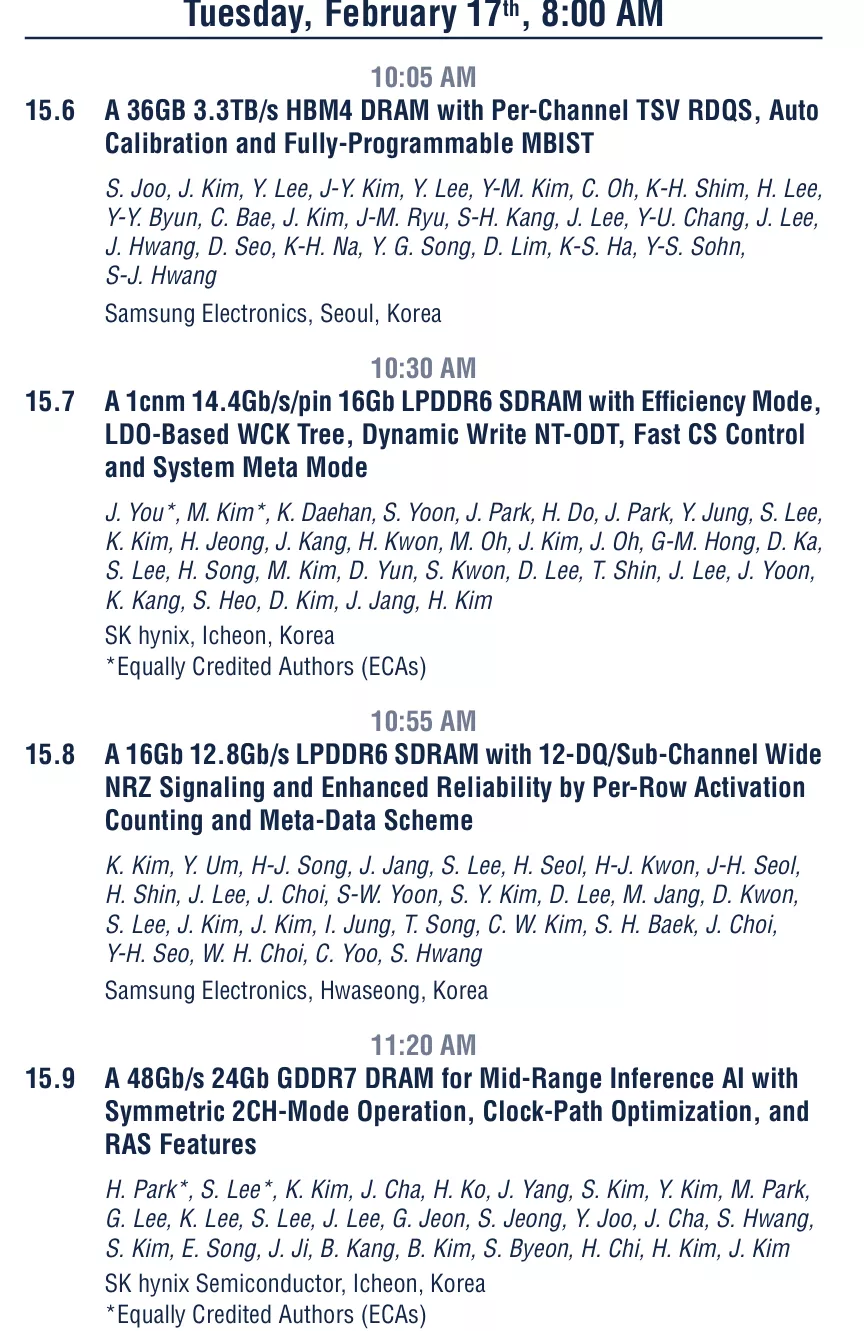 A schedule lists presentations on DRAM advancements from Samsung Electronics and SK hynix, including A 36GB 3.7TB/s HBM4 DRAM with Per-Channel TSV RDQS at 10:05 AM and A 48Gb/s 24Gb GDDR7 DRAM for Mid-Range Inference AI